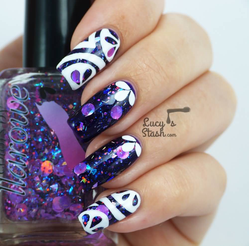 Abstract Purple Holographic Nail Art With White Acrylic Flowers Design