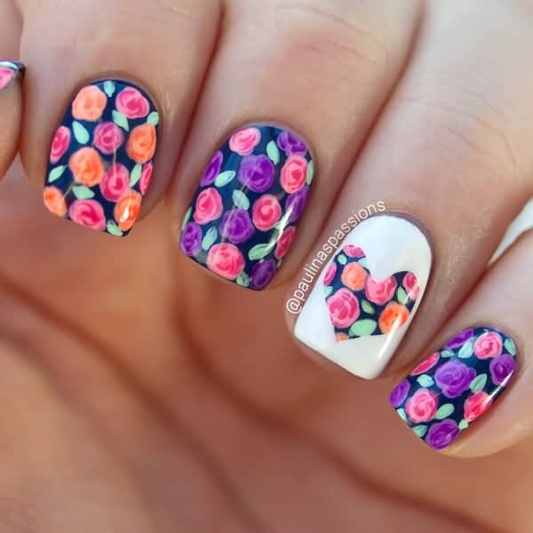 Adorable Colorful Floral Design Birthday Nail Art