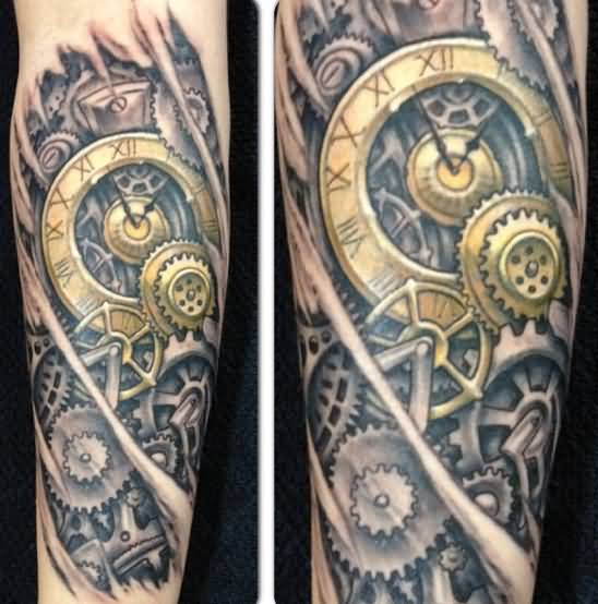Amazing 3D Golden Clock Mechanical Gears Tattoo