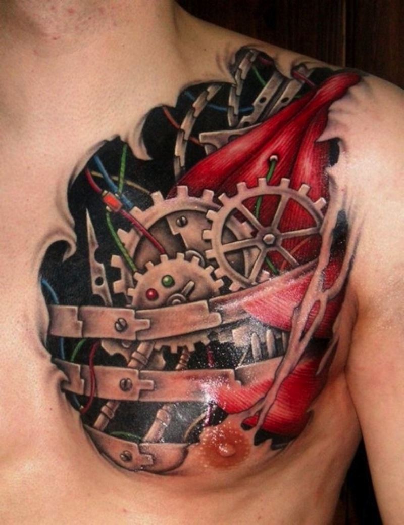 Amazing 3D Mechanical Gears Colorful Tattoo On Left Chest