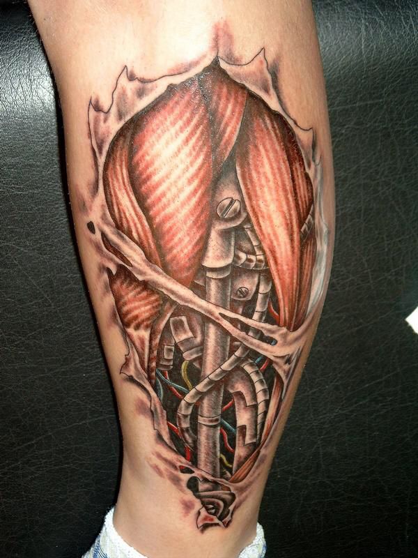 Amazing 3D Muscles And Machine Tattoo On Leg