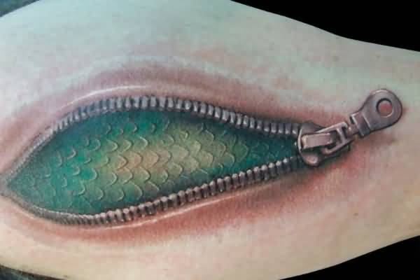 Amazing 3D Zipped Reptile Skin Tattoo