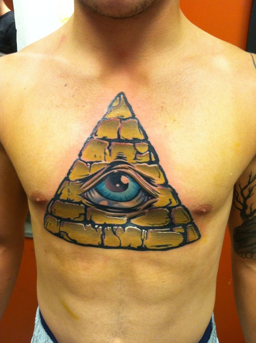 Amazing Big Size Triangle Eye Color Tattoo On Chest