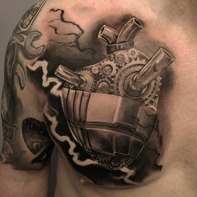 Amazing Black And Grey Mechanical Heart Tattoo On Chest And Shoulder