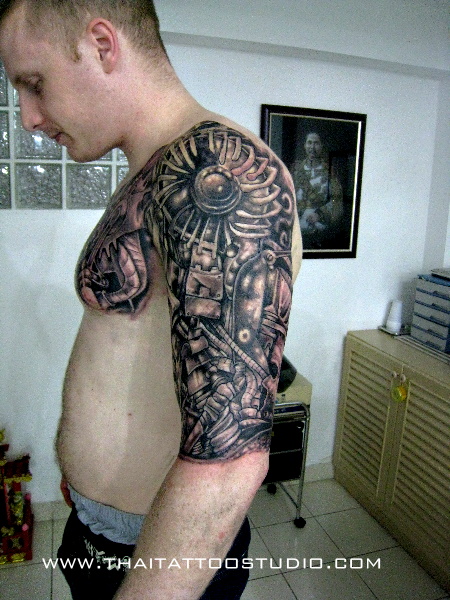 Amazing Black And Grey Mechanical Tattoo On Shoulder And Chest