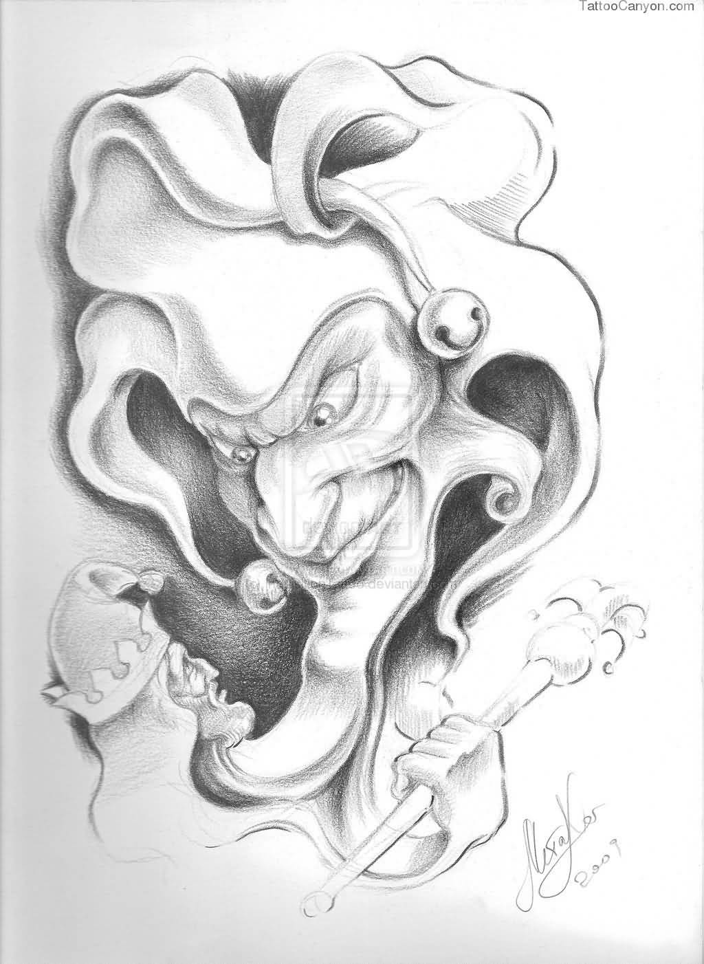 Amazing Black And White Evil Jester Face Tattoo Sample