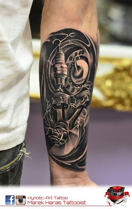 Amazing Black Mechanical Engine Tattoo On Forearm By Marek Haras