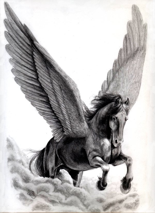 Amazing Black Pegasus On Cloud Tattoo Design