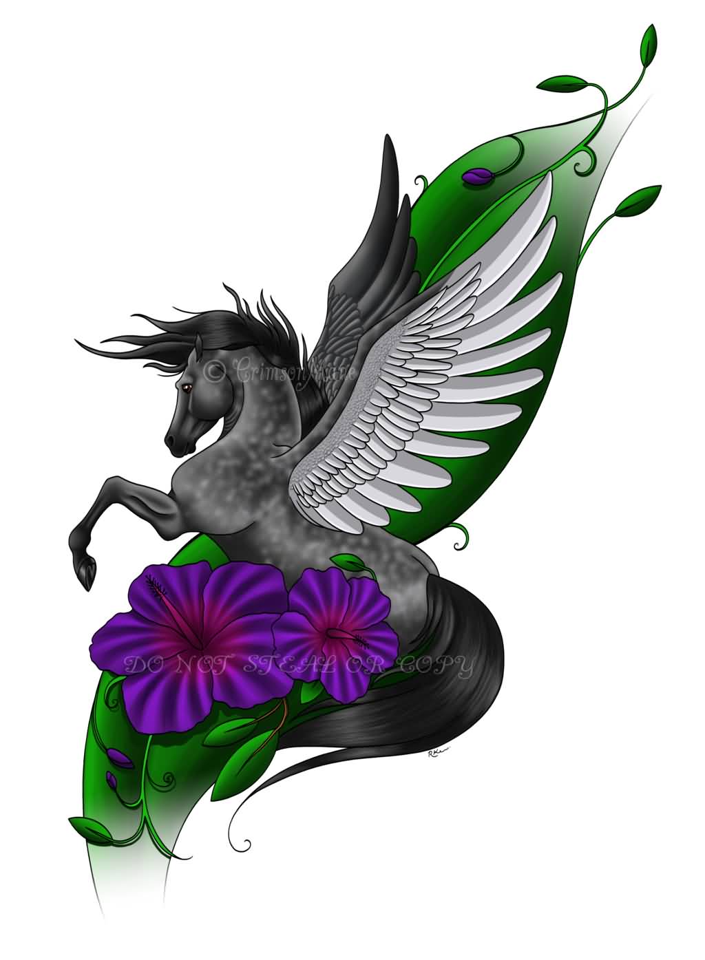 Amazing Black Pegasus With Large Leaf And Blue Flowers Tattoo Design