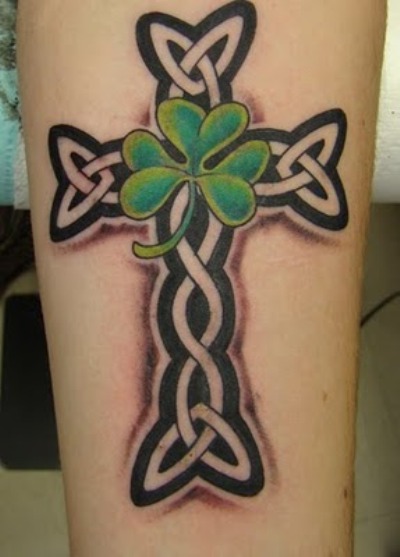 Amazing Celtic Cross With Shamrock Tattoo