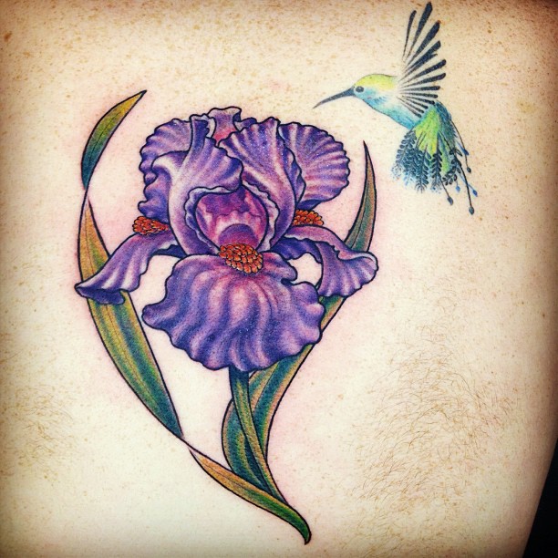 Amazing Color Flying Humming Bird And Iris Tattoo