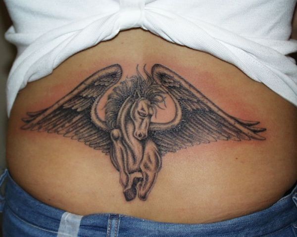 Amazing Grey Flying Pegasus Tattoo On Lower Back