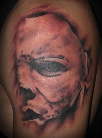 Amazing Grey Ink Jason Mask Tattoo On Left Half Sleeve