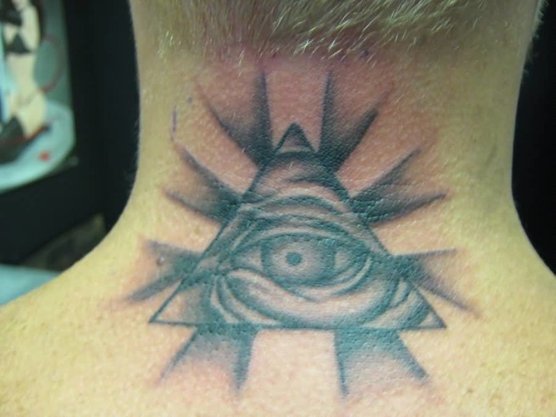 Amazing Grey Triangle Eye Tattoo On Back Neck