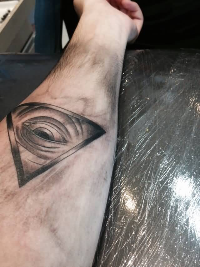 Amazing Grey Triangle Eye Tattoo On Forearm
