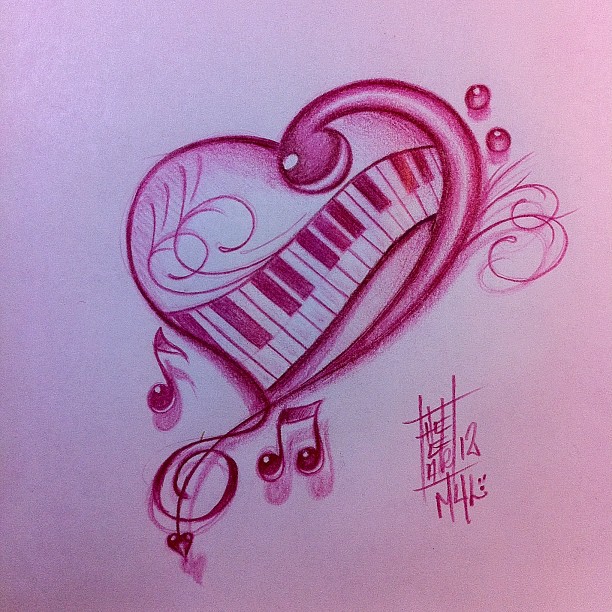 Amazing Pink Piano keys In Heart Shape Tattoo Stencil