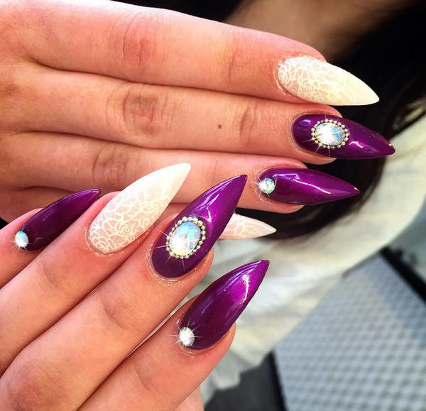 Amazing Purple And White Lace Stiletto Nail Art With Pearls Design Idea