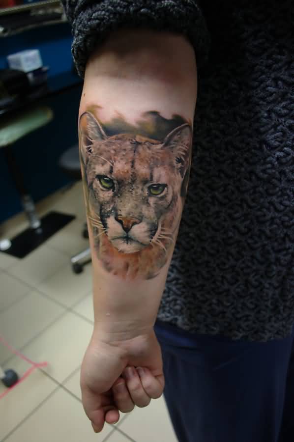 Amazing Realistic Puma Face Tattoo On Forearm By Sass Tattoo