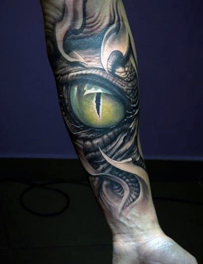 Amazing Reptile Eye Tattoo On Arm Sleeve