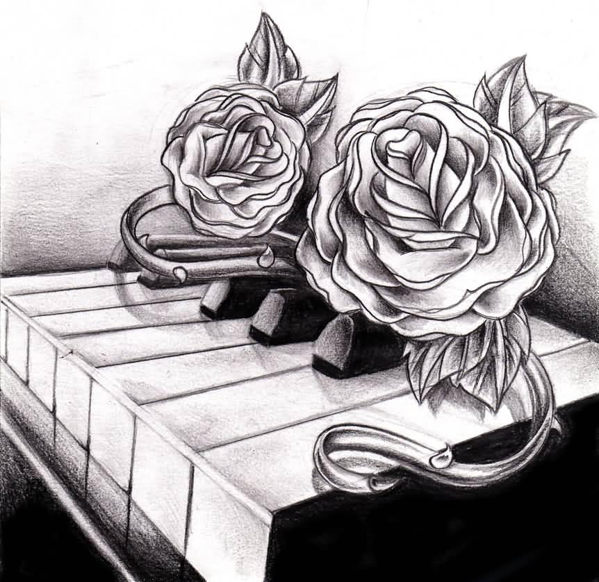 Amazing Rose Flowers On Piano Keys Tattoo Design