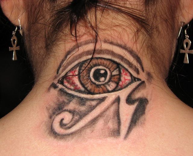 Amazing Scary Horus Eye Tattoo On Back Neck For Girls