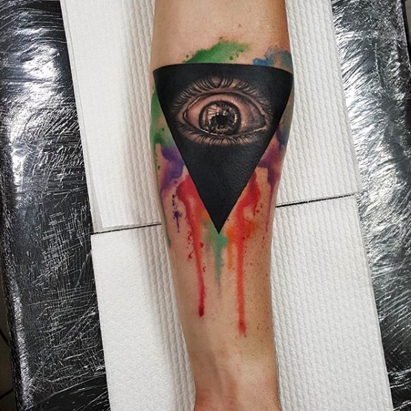 Amazing Triangle Realistic Eye And Splashed Colors Watercolor Tattoo On Forearm