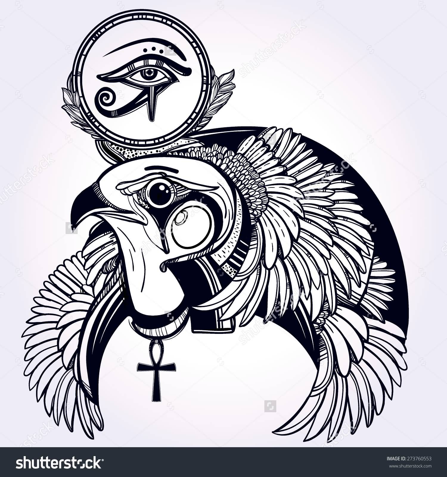 Amazing Vintage Hawk With Ankh And Horus Eye Tattoo Stencil