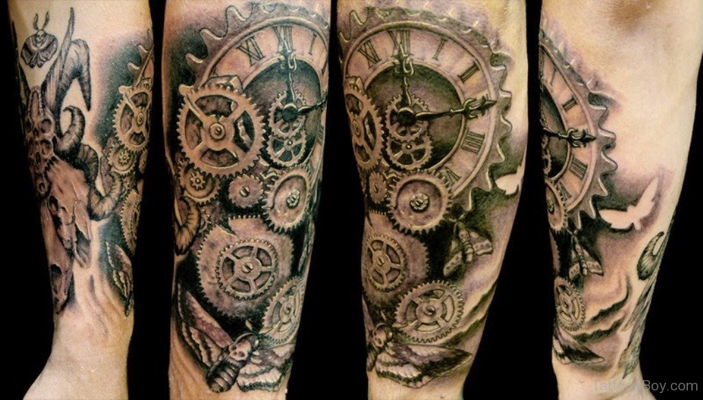 Attractive Biomechanical Gears With Watch Tattoo