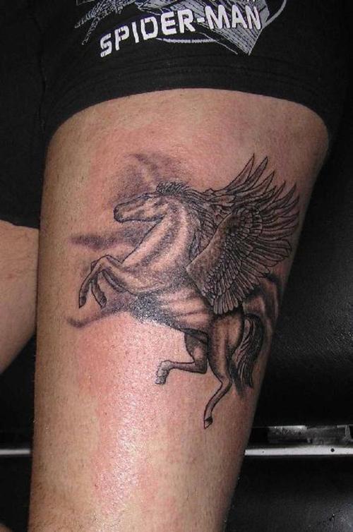 Attractive Grey Flying Pegasus Tattoo On Left Thigh