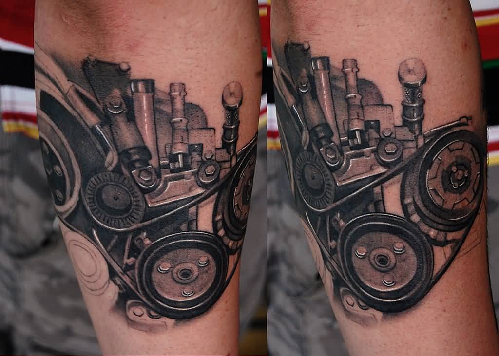 Attractive Grey Mechanical Engine Matching Tattoo