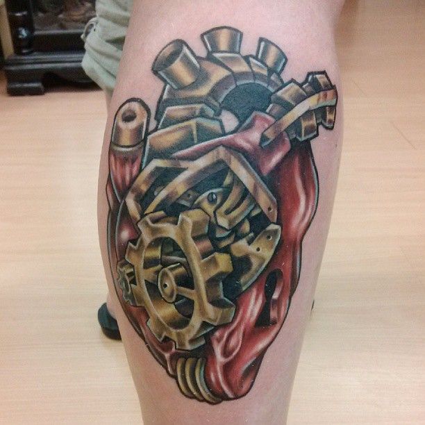 Attractive Mechanic Heart Tattoo On Leg