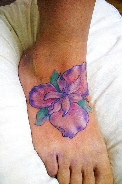 Attractive Purple Iris Tattoo On Foot