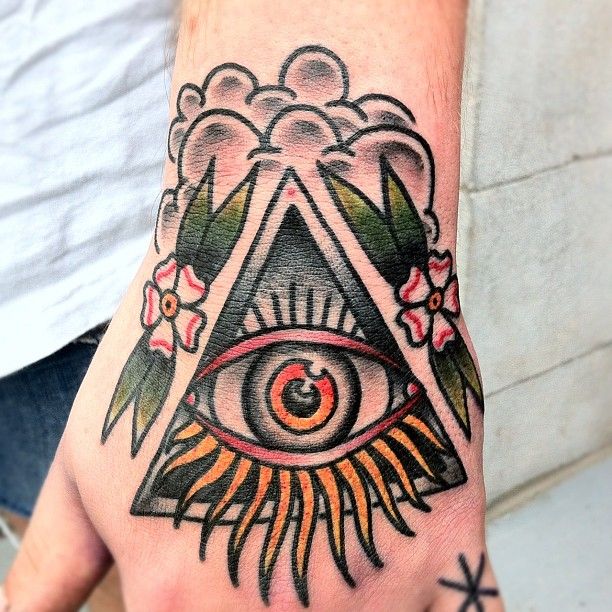 Attractive Triangle Eye Color Traditional Tattoo On Hand By Nick Oaks