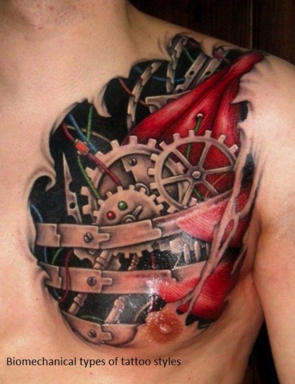 Awesome 3D Biomechanical Color Tattoo On Chest