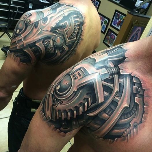 Awesome 3D Biomechanical Tattoo On Right Shoulder