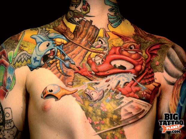Awesome 3D Cartoon Worm And Fish Deer In Jungle Tattoo