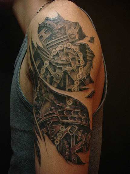 Awesome 3D Grey Mechanical Tattoo On Left Shoulder