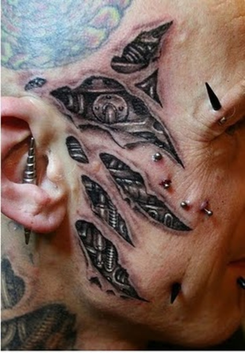 Awesome Biomechanical Face Tattoo