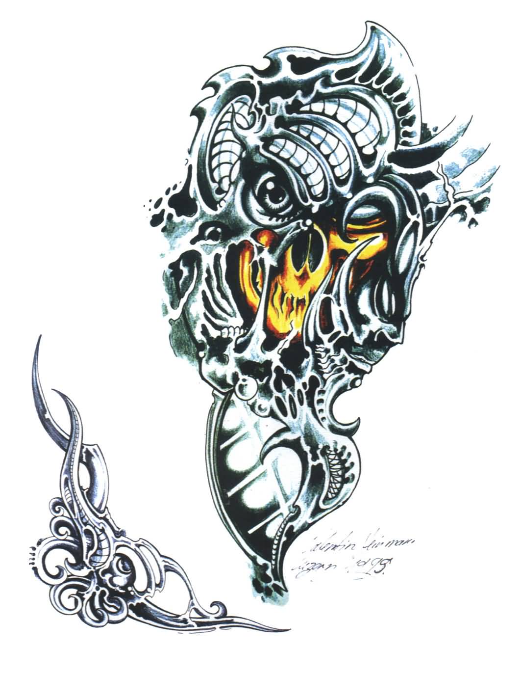 Awesome Biomechanical Skull Tattoo Stencil