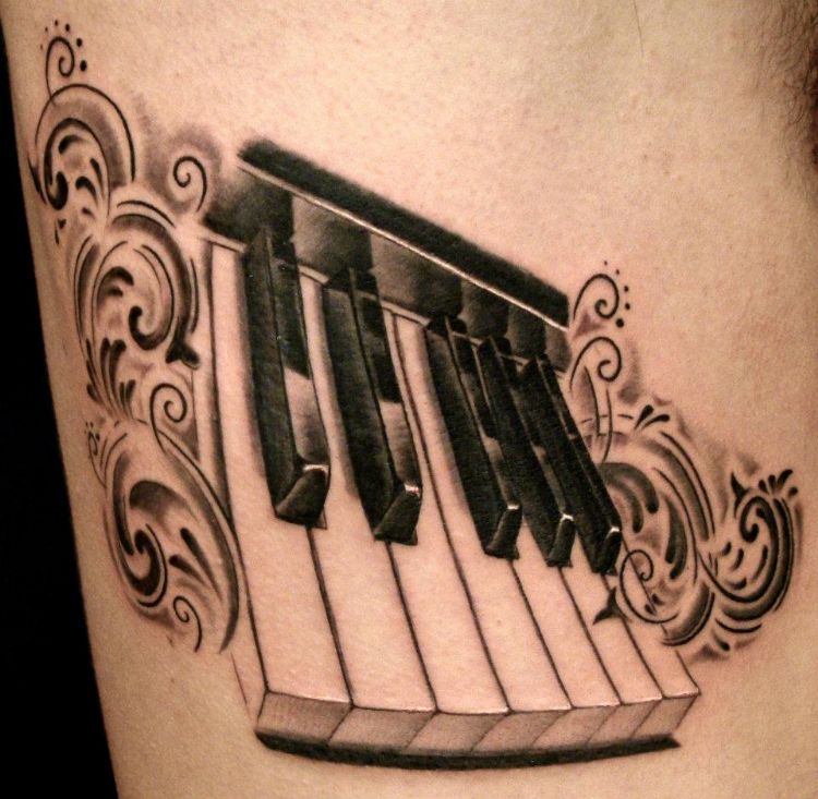 Awesome Black And Grey 3D Music Keyboard Tattoo