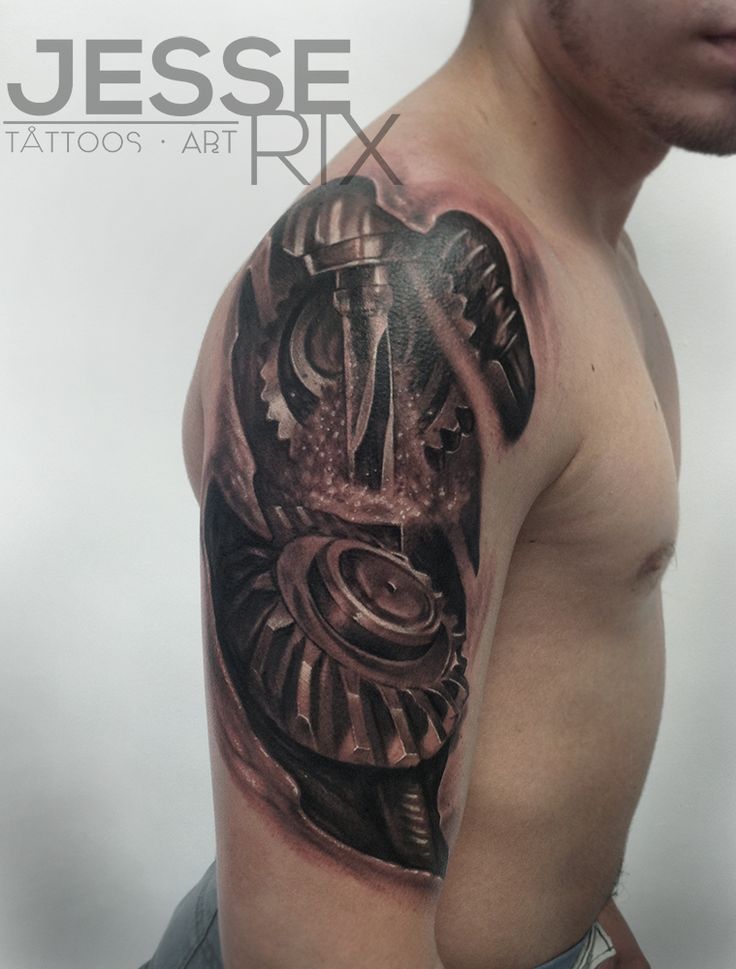 Awesome Black And Grey Biomechanical Tattoo On Right Shoulder By Jesse Rix