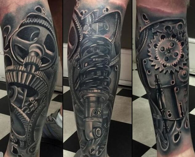 Awesome Black And Grey Mechanical Gears Tattoo