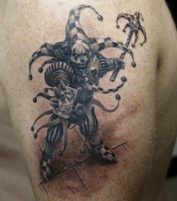 Awesome Black And White Evil Jester Holding Card Tattoo On Left Right Shoulder