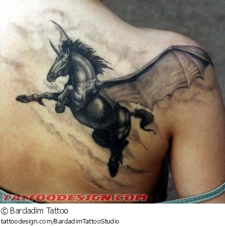 Awesome Black Flying Winged Pegasus Tattoo On Back Shoulder