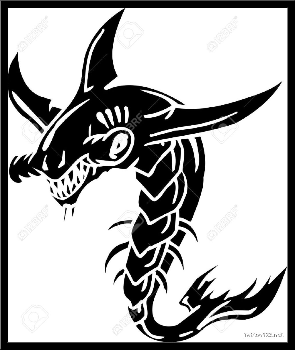 Awesome Black Ink Angry Sea Creature Tattoo Stencil