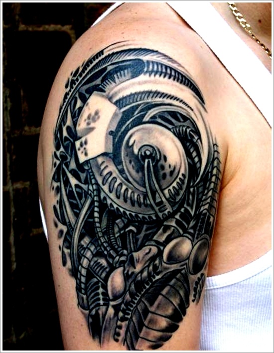Awesome Black Mechanical Tattoo On Right Shoulder