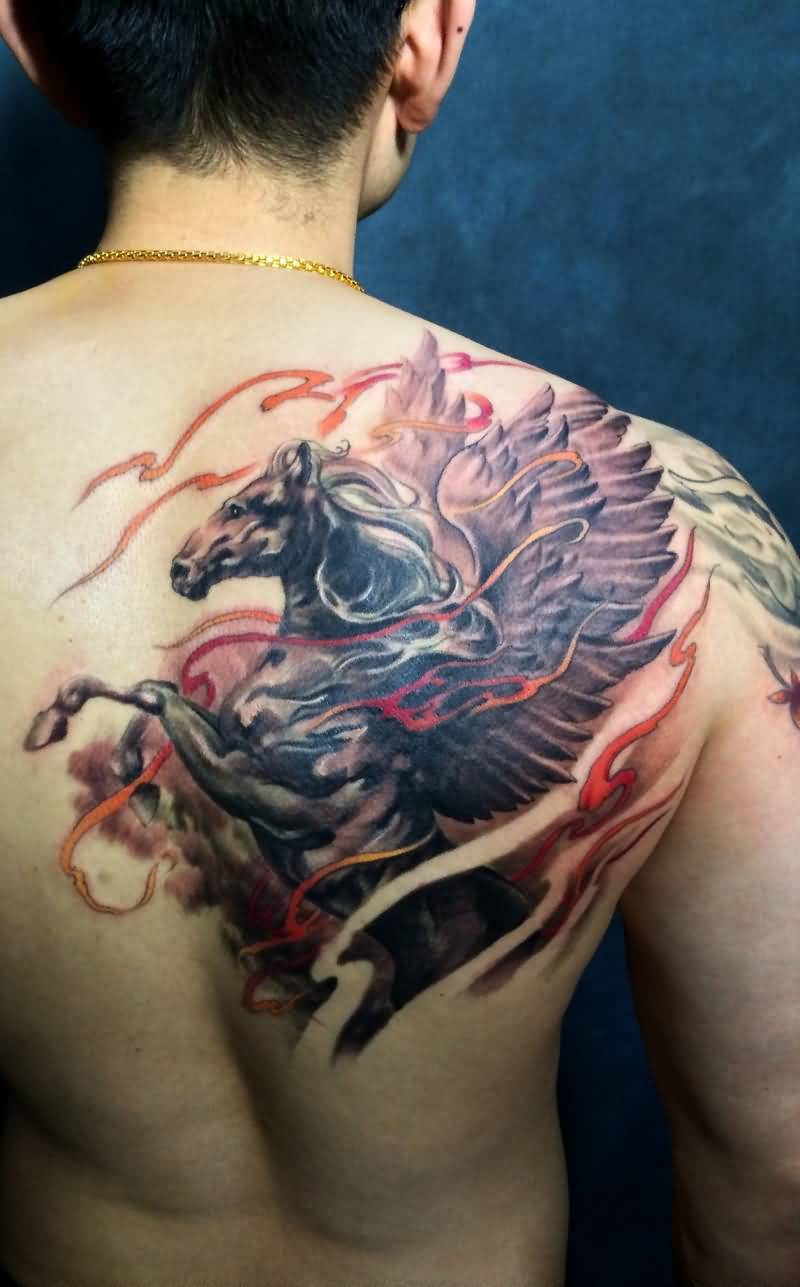 Awesome Black Pegasus In Red Strips Tattoo On Back Left Shoulder