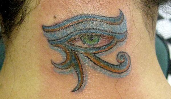 Awesome Blue Ink Horus Eye Tattoo On Side Neck