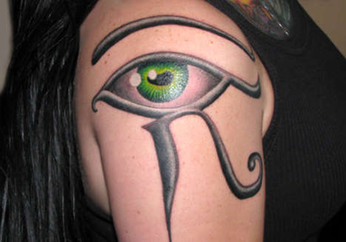 Awesome Colorful Horus Eye Tattoo On Right Shoulder