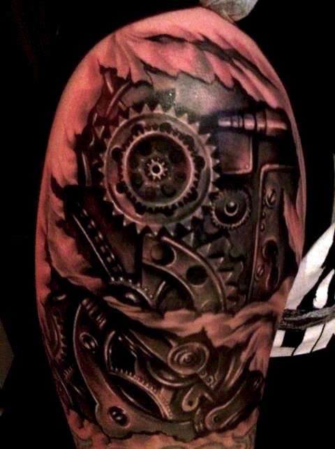 Awesome Dark Grey And Black Mechanical Tattoo